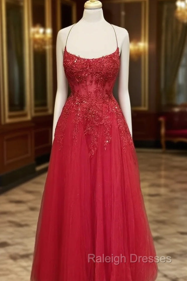 A-line Square Neckline Spaghetti Straps Long/Floor-Length Tulle Prom Dress With Appliqued Beading Glitter Main image