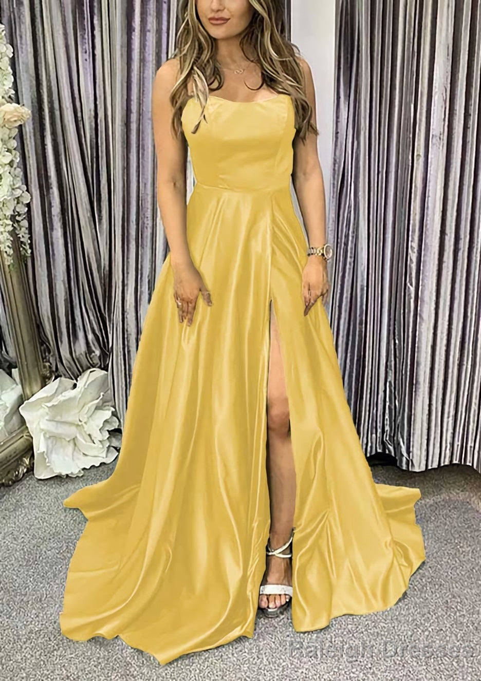 A Line Square Neckline Spaghetti Straps Sweep Train Charmeuse Prom Dress