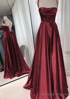 A Line Square Neckline Spaghetti Straps Sweep Train Charmeuse Prom Dress With Pleated