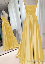 A-line Square Neckline Spaghetti Straps Sweep Train Charmeuse Prom Dresses With Pleated