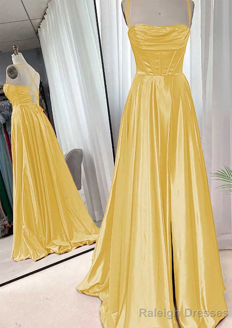 A Line Square Neckline Spaghetti Straps Sweep Train Charmeuse Prom Dress With Pleated