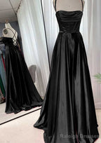 A Line Square Neckline Spaghetti Straps Sweep Train Charmeuse Prom Dress With Pleated