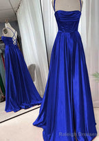 A Line Square Neckline Spaghetti Straps Sweep Train Charmeuse Prom Dress With Pleated