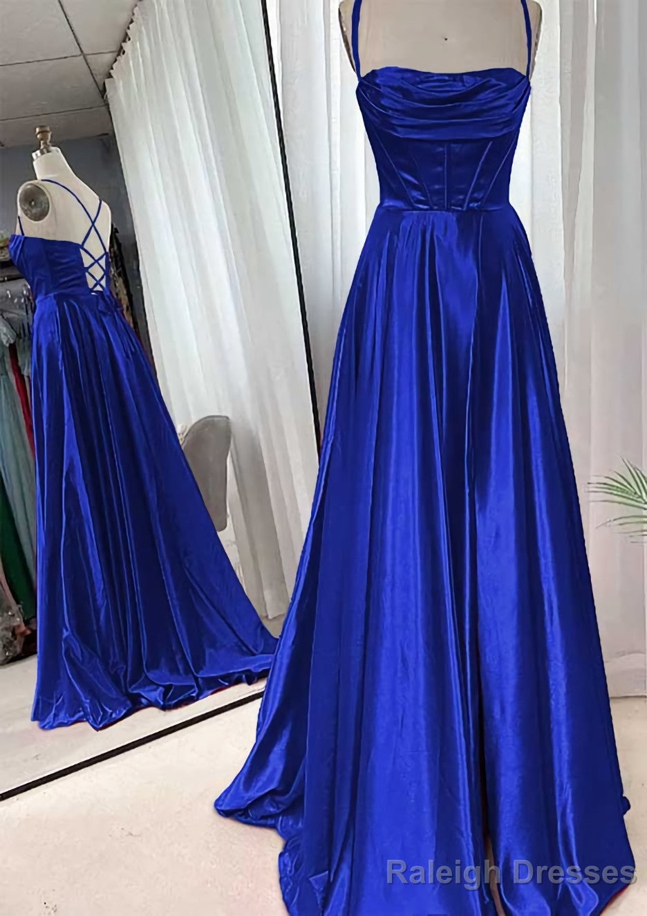 A Line Square Neckline Spaghetti Straps Sweep Train Charmeuse Prom Dress With Pleated
