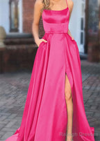 A Line Square Neckline Spaghetti Straps Sweep Train Charmeuse Prom Dress With Pockets Split