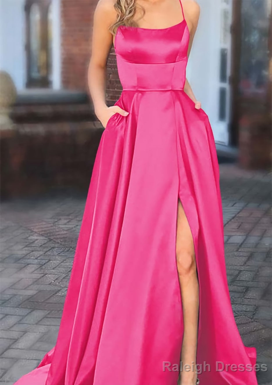 A Line Square Neckline Spaghetti Straps Sweep Train Charmeuse Prom Dress With Pockets Split