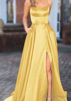 A Line Square Neckline Spaghetti Straps Sweep Train Charmeuse Prom Dress With Pockets Split