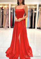 A Line Square Neckline Spaghetti Straps Sweep Train Charmeuse Prom Dress With Split