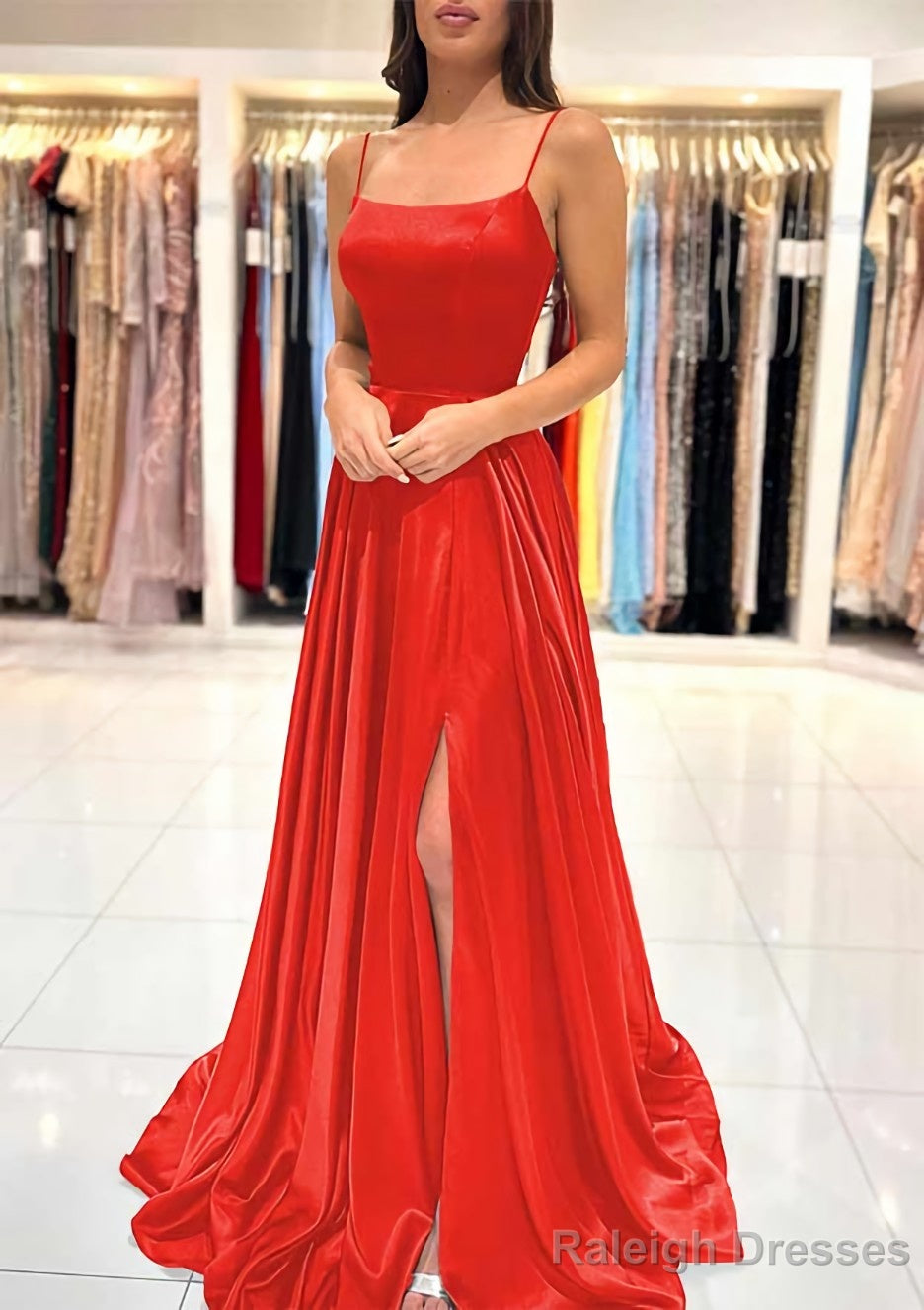 A Line Square Neckline Spaghetti Straps Sweep Train Charmeuse Prom Dress With Split
