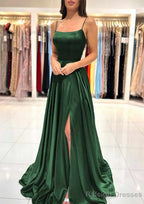 A Line Square Neckline Spaghetti Straps Sweep Train Charmeuse Prom Dress With Split
