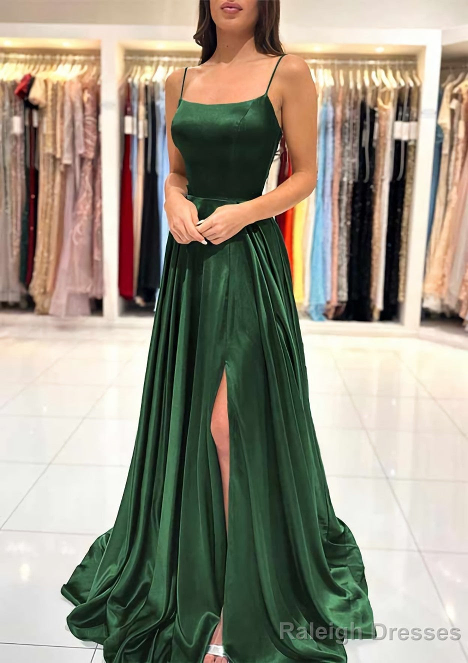 A Line Square Neckline Spaghetti Straps Sweep Train Charmeuse Prom Dress With Split