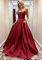 A-line Square Neckline Spaghetti Straps Sweep Train Satin Prom Dresses With Beading Pockets