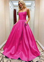 A-line Square Neckline Spaghetti Straps Sweep Train Satin Prom Dresses With Beading Pockets