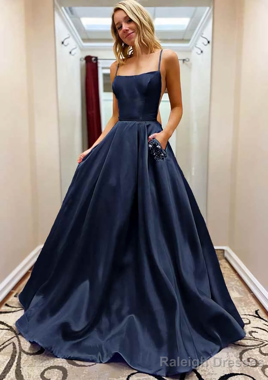 A-line Square Neckline Spaghetti Straps Sweep Train Satin Prom Dresses With Beading Pockets