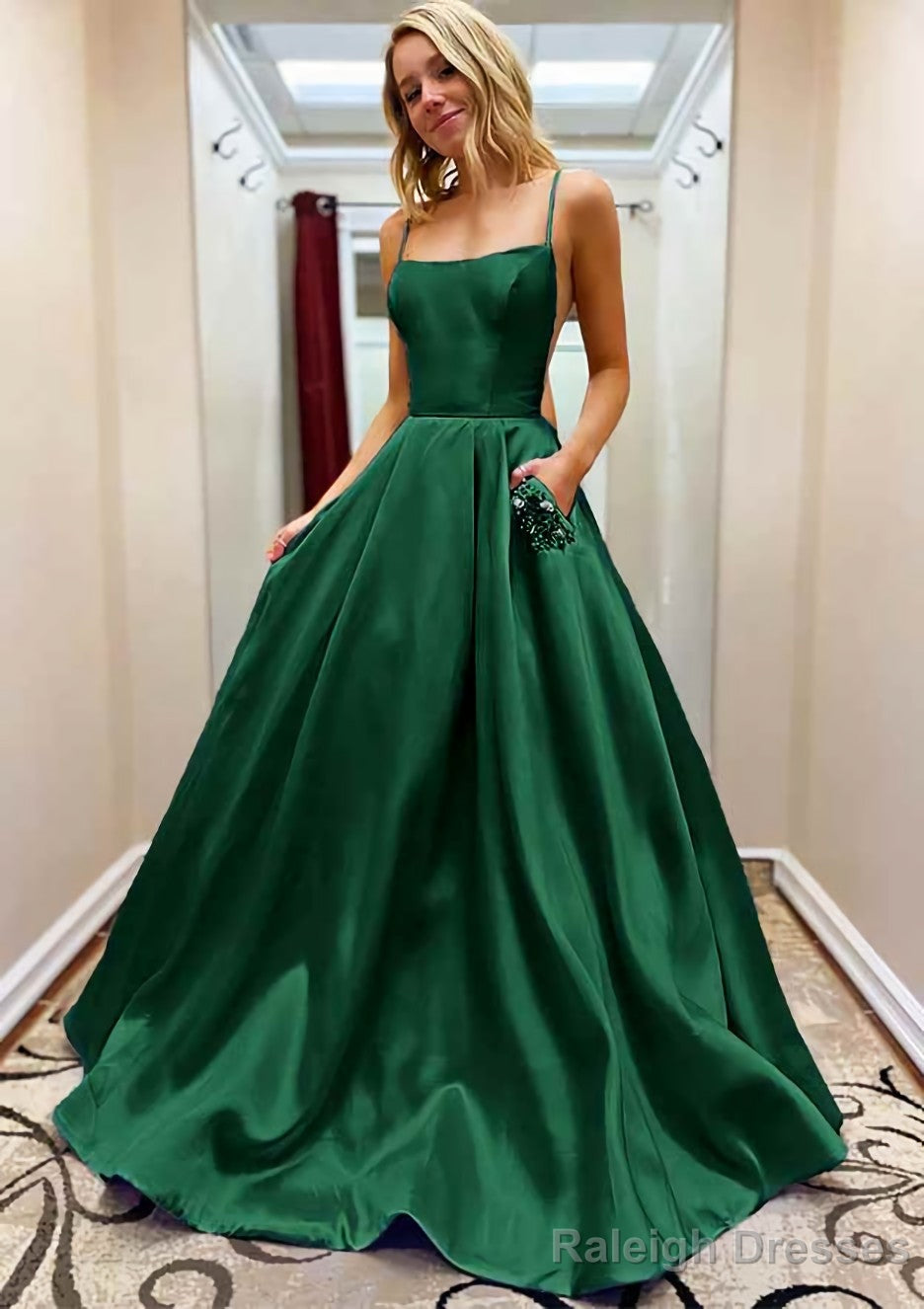 A Line Square Neckline Spaghetti Straps Sweep Train Satin Prom Dress With Beading Pockets