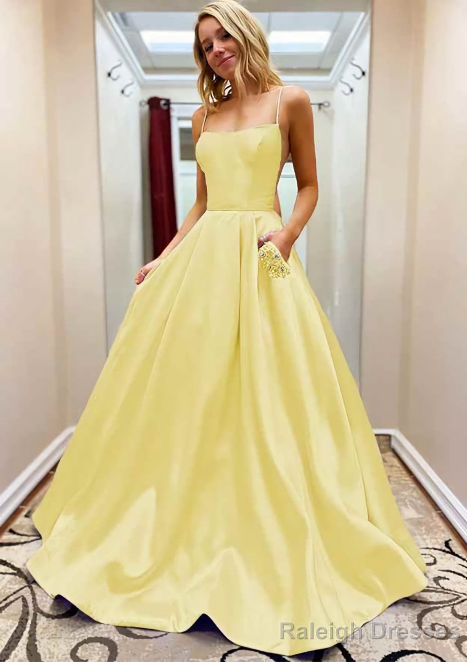 A-line Square Neckline Spaghetti Straps Sweep Train Satin Prom Dresses With Beading Pockets