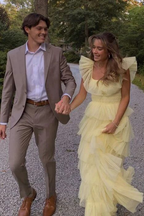 A-Line Square Yellow Tiered Prom Dresses Long Princess Tulle Prom Dresses