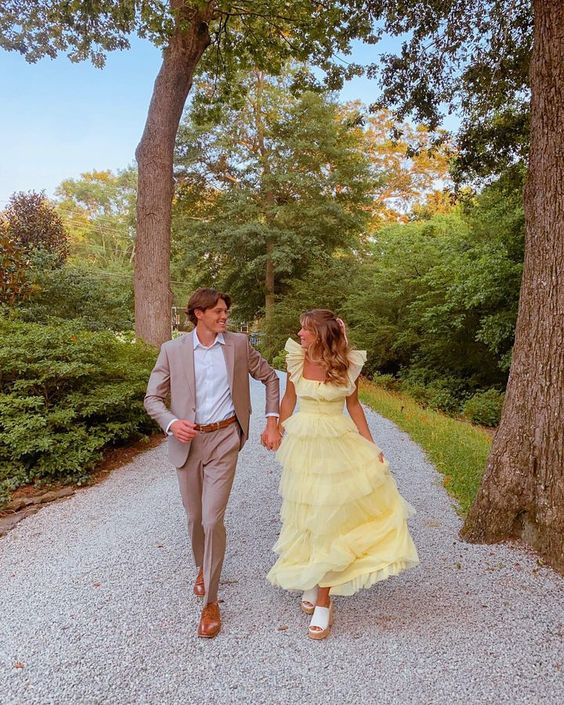 A-Line Square Yellow Tiered Prom Dresses Long Princess Tulle Prom Dresses