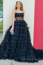 A Line Strapless Corset Glitter Tulle Prom Dress with Ruffles