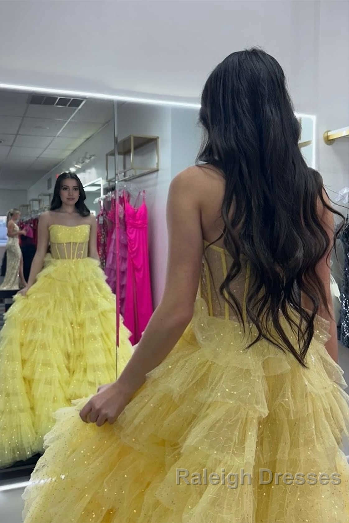 A Line Strapless Corset Glitter Tulle Prom Dress with Ruffles