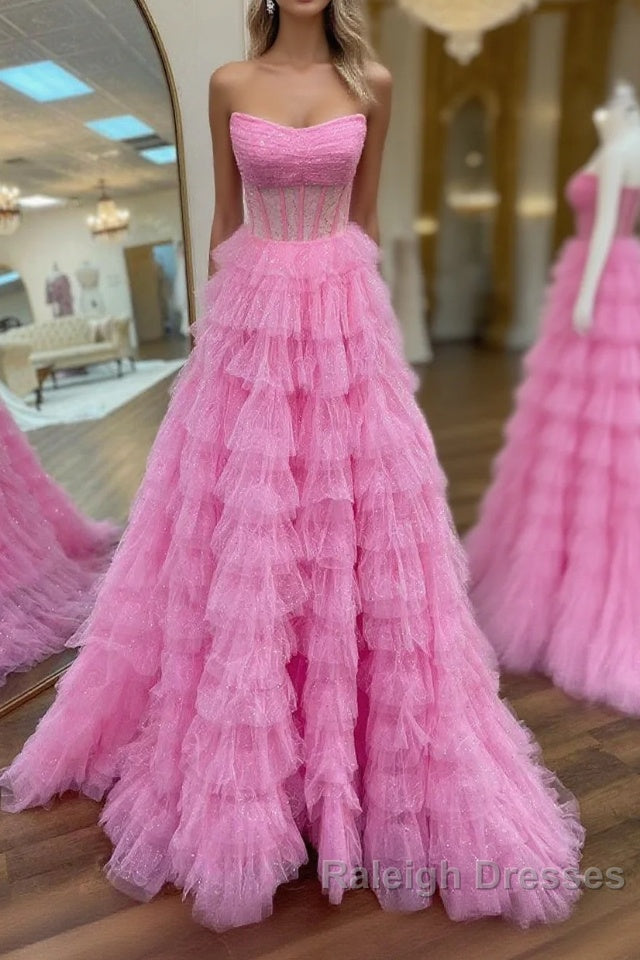 A Line Strapless Corset Glitter Tulle Prom Dress with Ruffles Main image