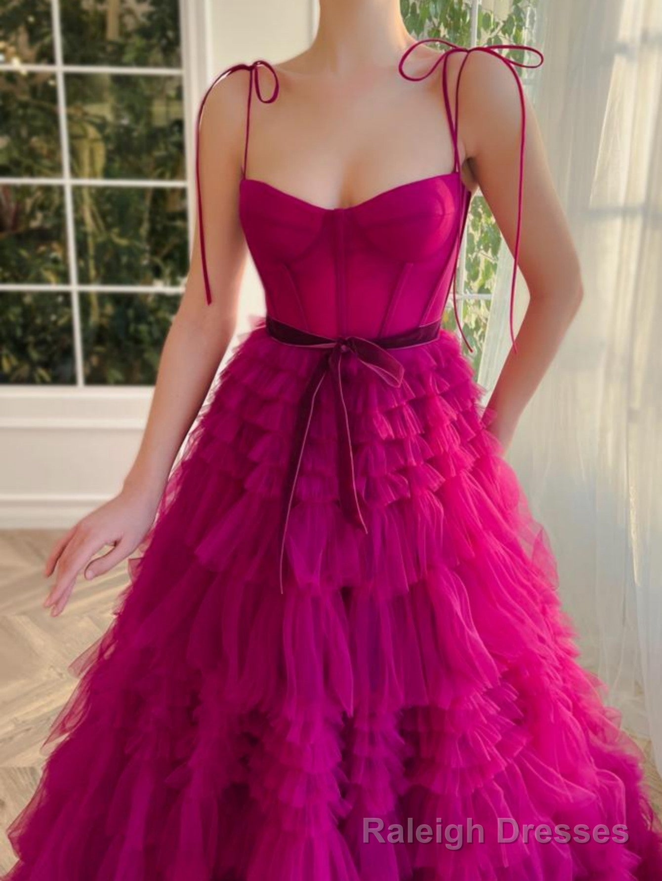 A Line Strapless Fuchsia Tiered Long Tulle Prom Dress