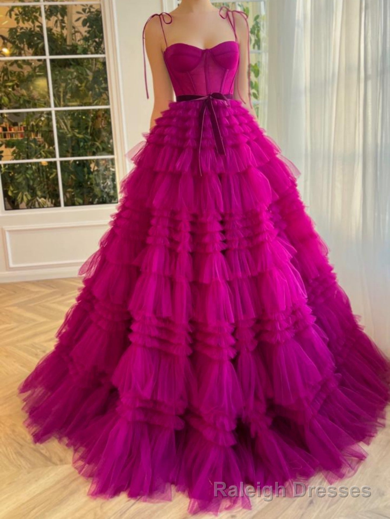A Line Strapless Fuchsia Tiered Long Tulle Prom Dress Main image
