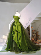 A-Line Strapless Green Satin Tulle Sweep Train Prom Evening Dresses