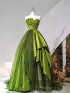 A-Line Strapless Green Satin Tulle Sweep Train Prom Evening Dresses