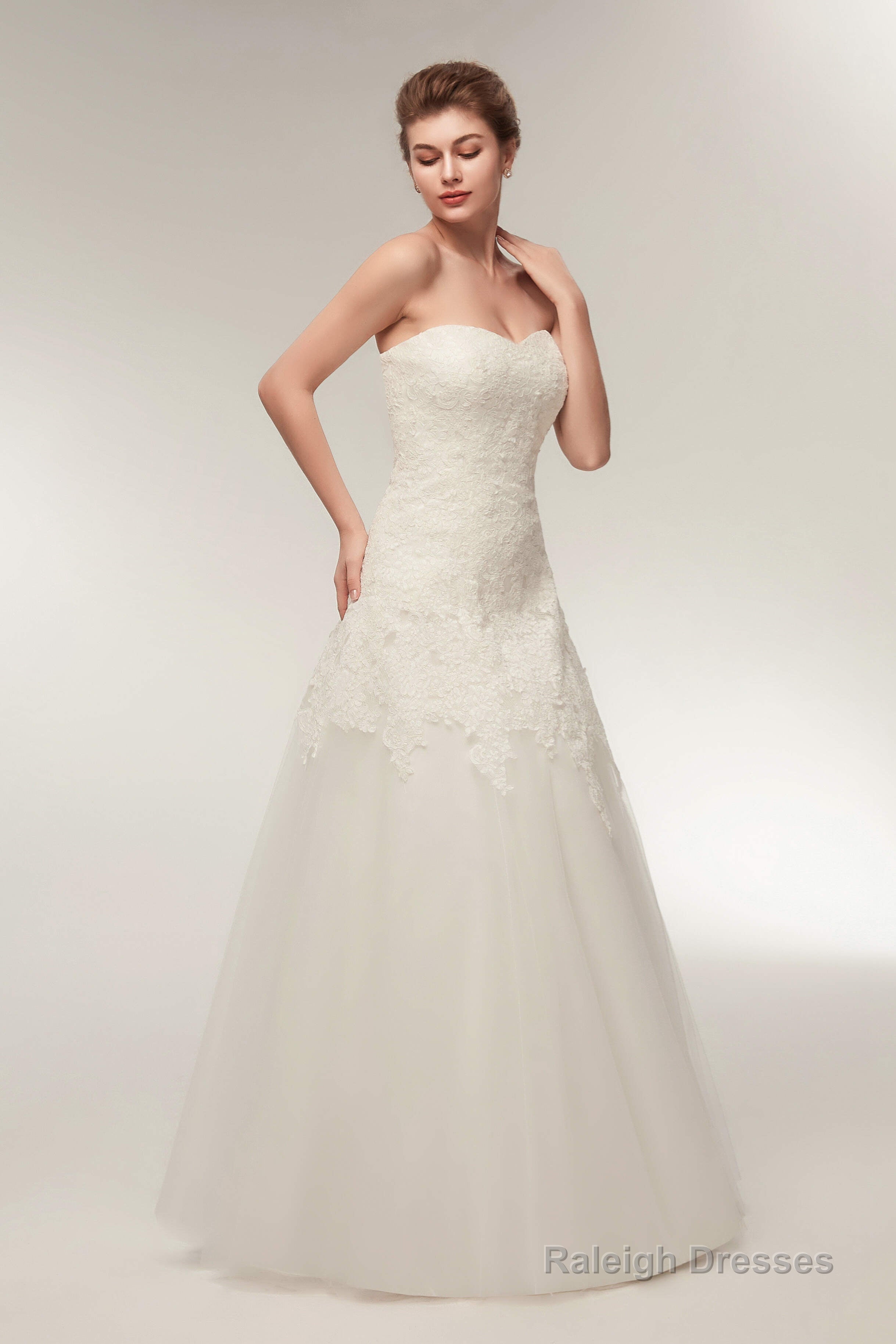 A Line Strapless Ivory Lace Floor Length Wedding Dresses