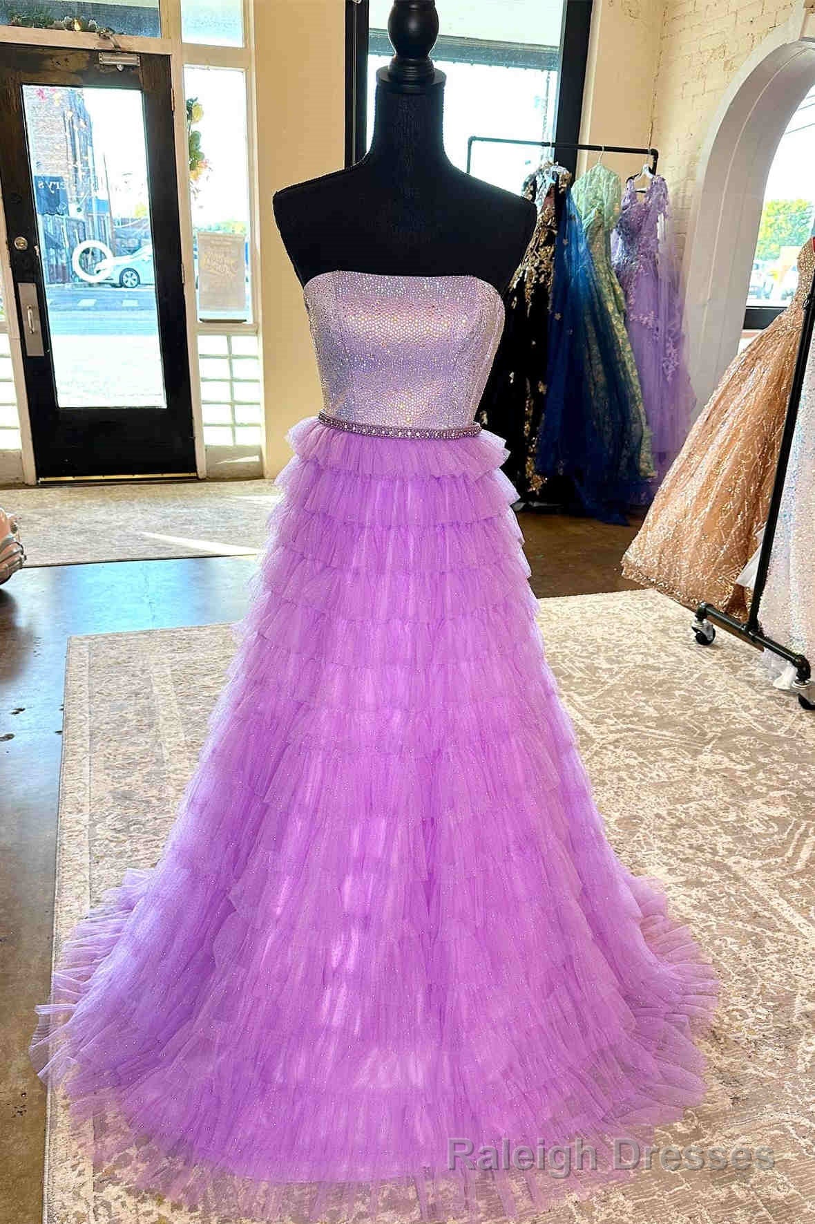 A-Line Strapless Lilac Layered Long Prom Dress with Rhinestones Main image