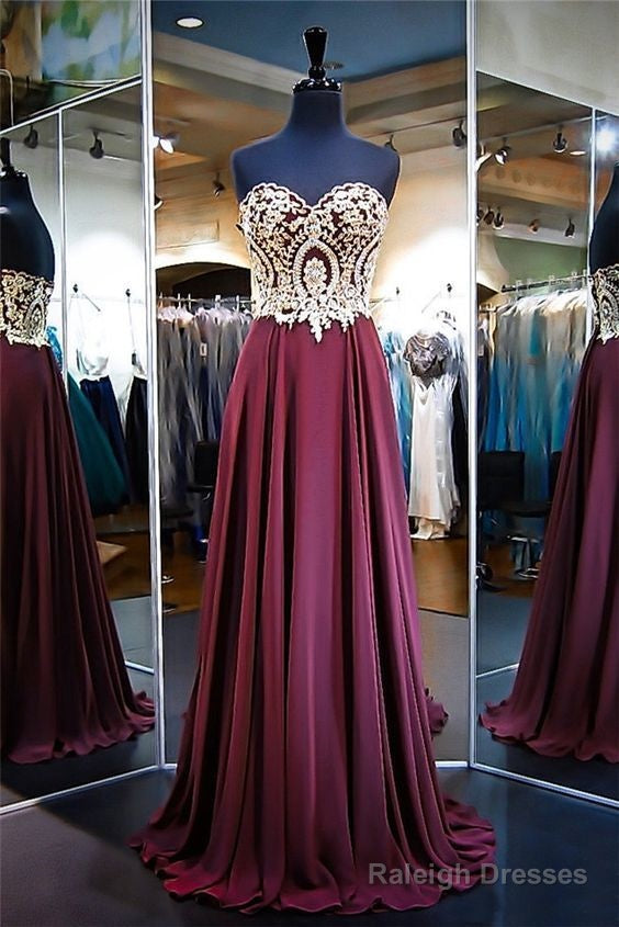 A Line Strapless Long Burgundy Chiffon Gold Lace Prom Dress