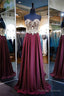 A Line Strapless Long Burgundy Chiffon Gold Lace Prom Dress