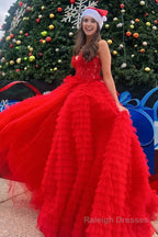 A Line Strapless Multi-Layers Tulle Prom Dress with Slit