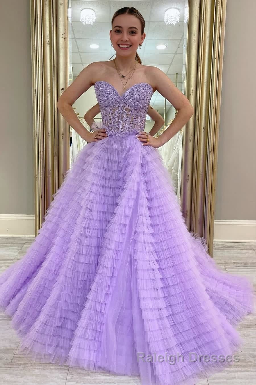A Line Strapless Multi-Layers Tulle Prom Dress with Slit