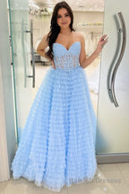 A Line Strapless Multi-Layers Tulle Prom Dress with Slit