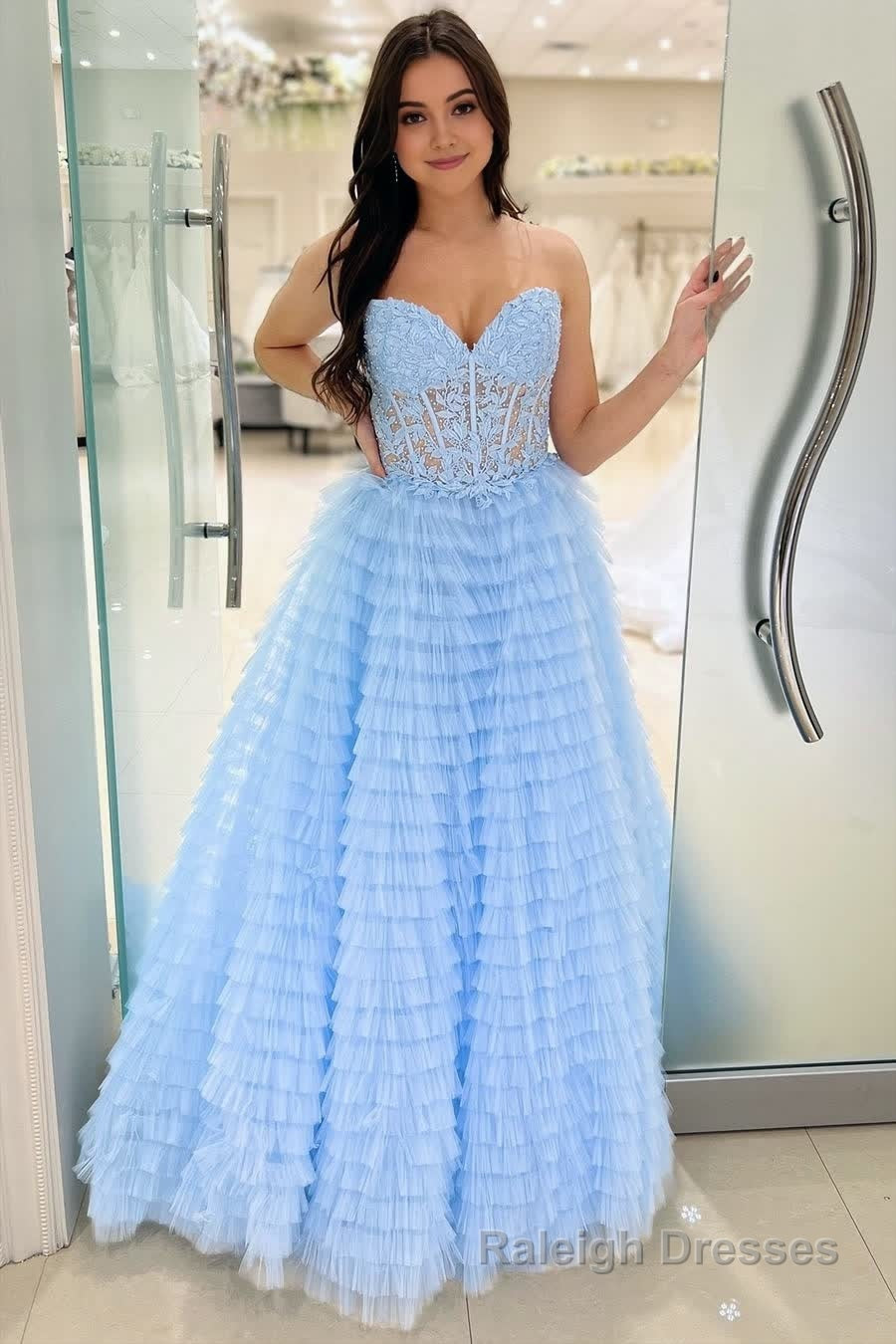 A Line Strapless Multi-Layers Tulle Prom Dress with Slit