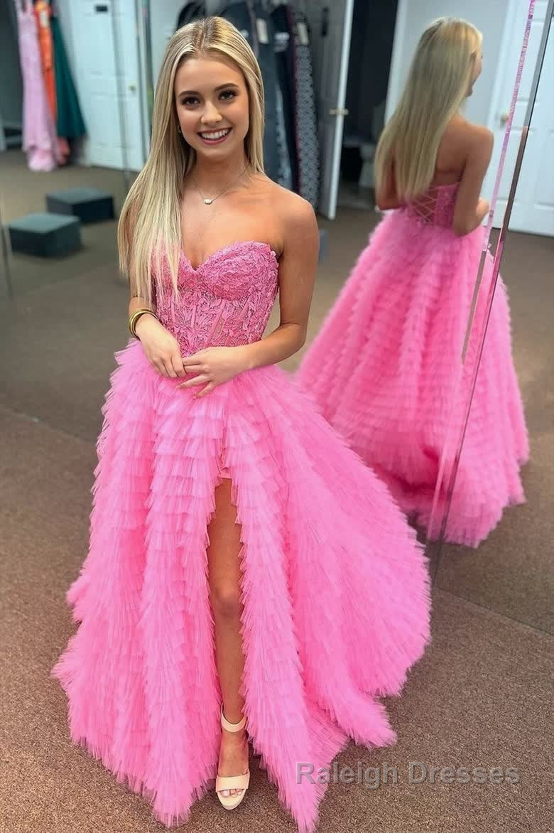 A Line Strapless Multi-Layers Tulle Prom Dress with Slit