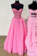 A Line Strapless Multi-Layers Tulle Prom Dress with Slit
