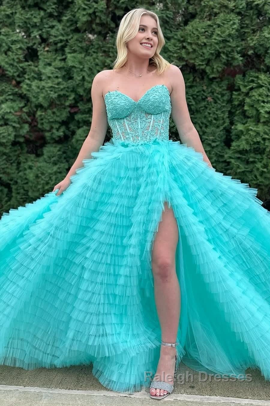 A Line Strapless Multi-Layers Tulle Prom Dress with Slit