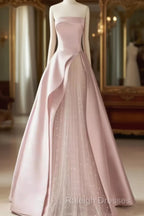 A Line Strapless Pink Party Dress Long Satin Prom Dress