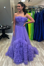 A Line Strapless Pink Tiered Long Tulle Prom Dress