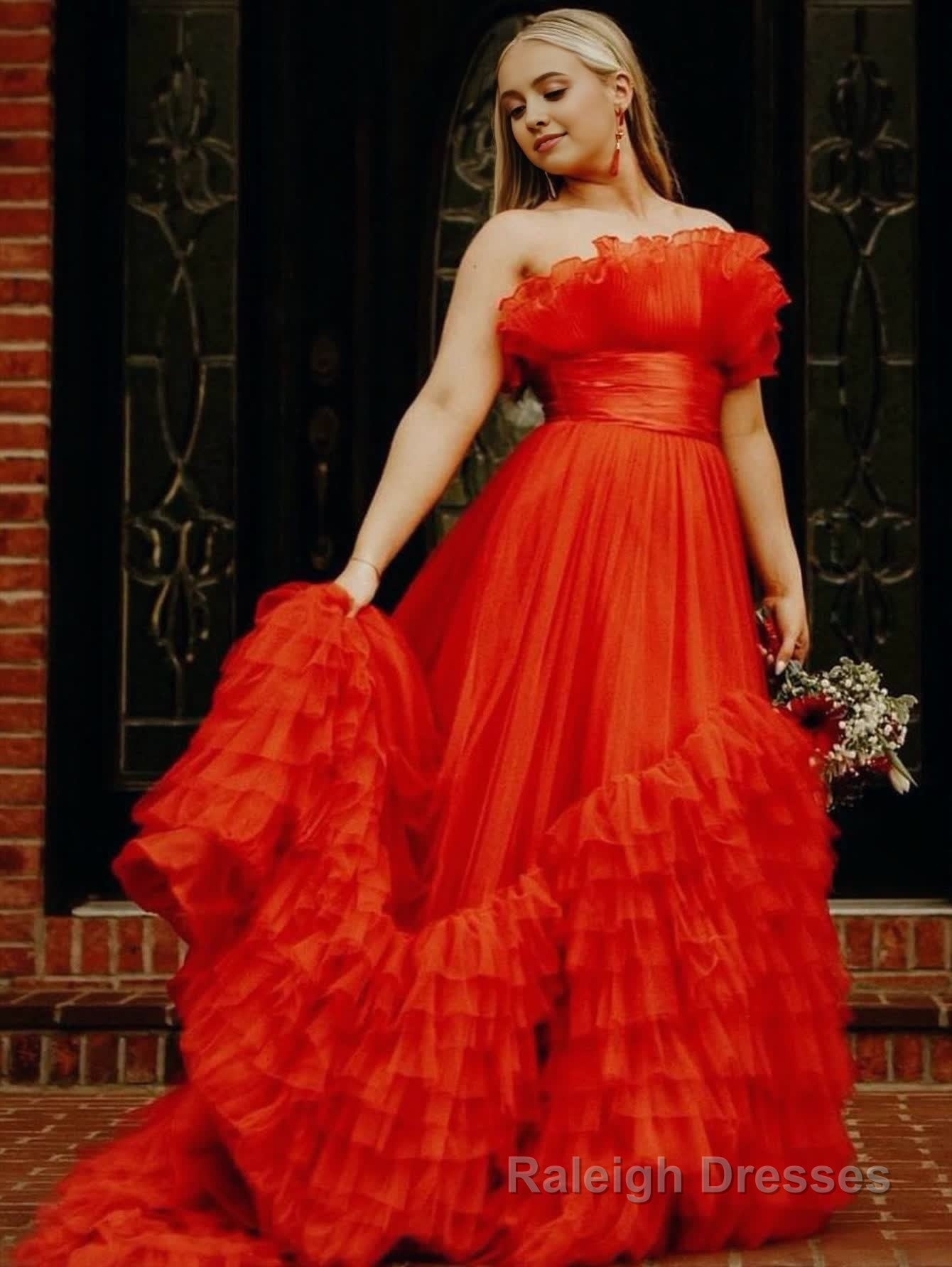 A Line Strapless Pink Tiered Long Tulle Prom Dress