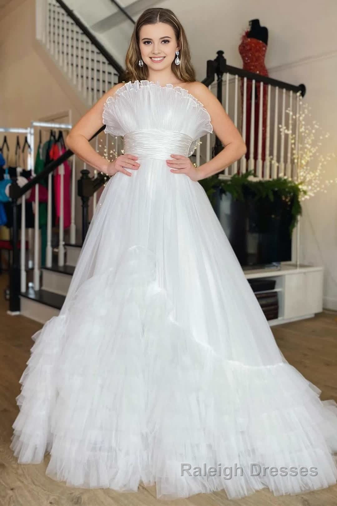 A Line Strapless Pink Tiered Long Tulle Prom Dress