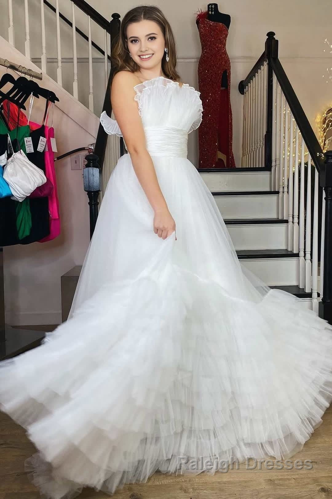A Line Strapless Pink Tiered Long Tulle Prom Dress