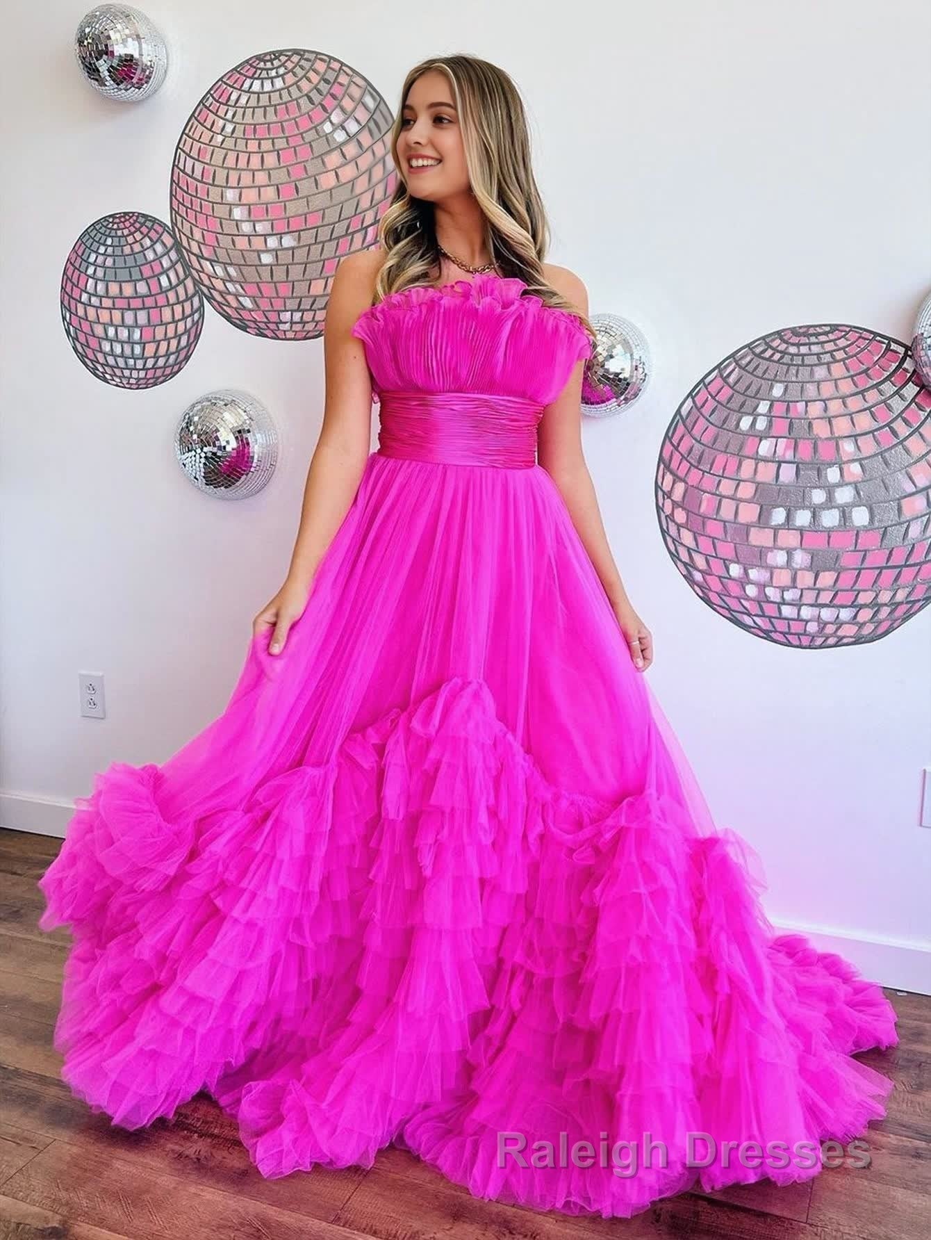 A Line Strapless Pink Tiered Long Tulle Prom Dress
