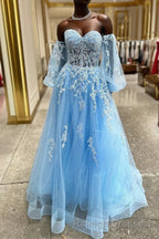 A Line Strapless Puff Long Sleeves Beaded Appliques Long Prom Dresses