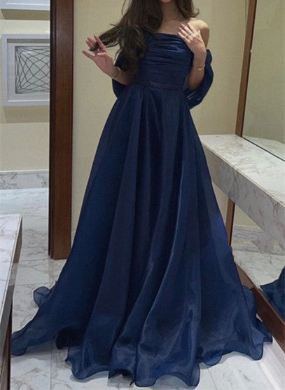 A-Line Strapless Royal Blue Prom Dresses Long With Straps