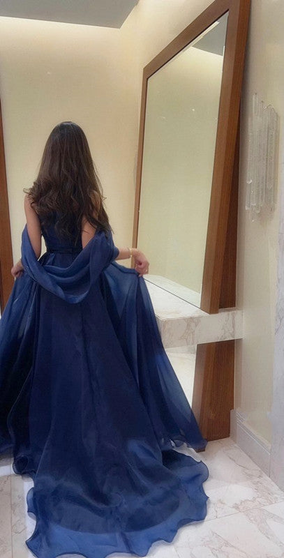 A-Line Strapless Royal Blue Prom Dresses Long With Straps