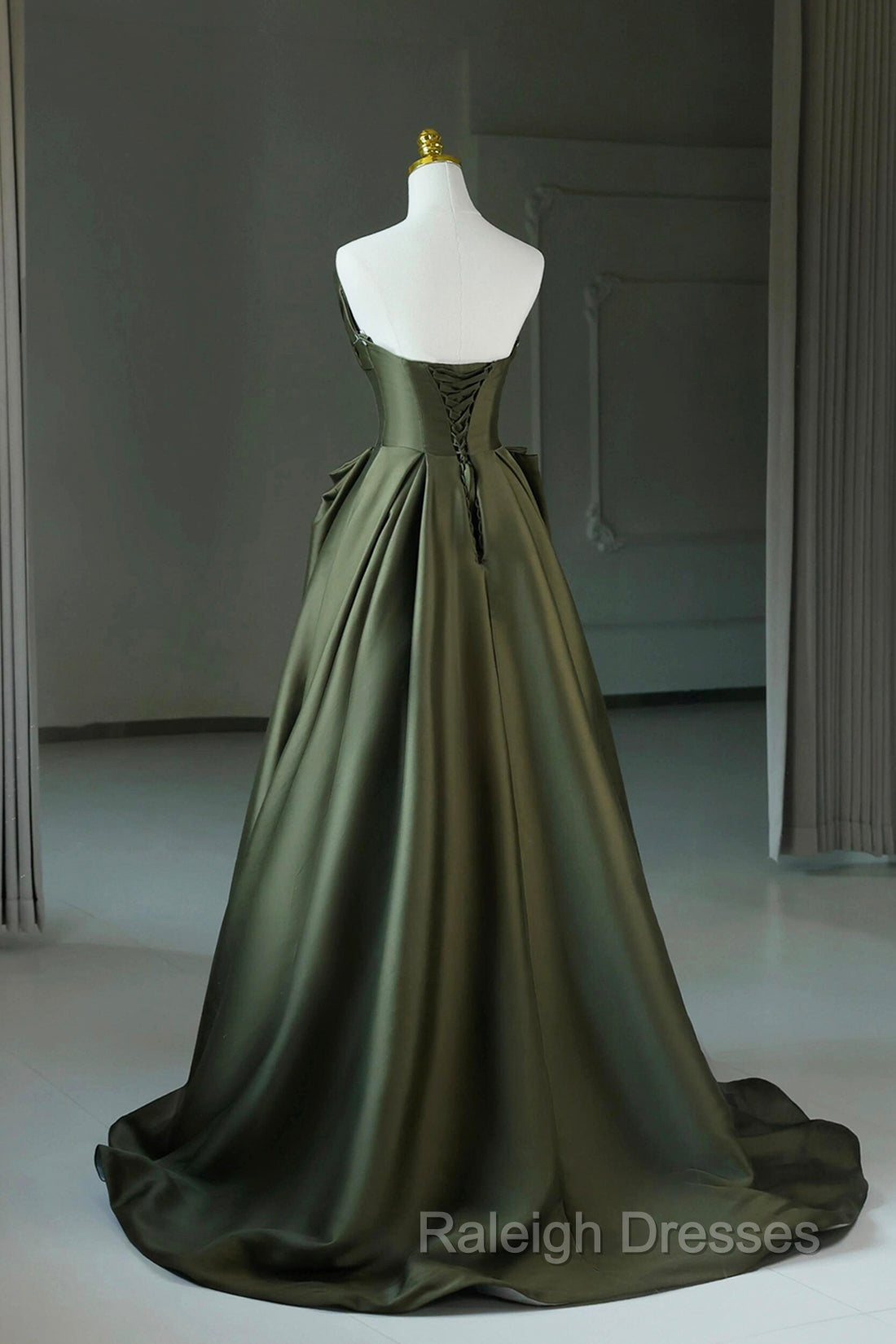 A-Line Strapless Satin Long Prom Dress, Dark Green Evening Party Dress